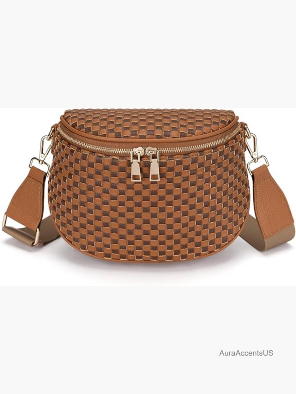Woven Leather Crossbody Bag with Zipper Compartments Adjustable Strap